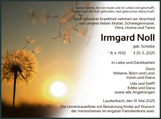 Todesanzeige von Irmgard Noll von HNA