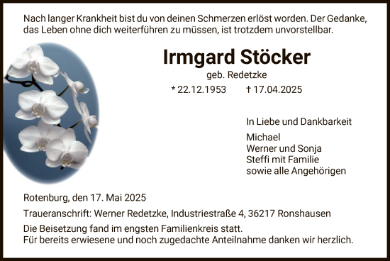 Todesanzeige von Irmgard Stöcker von HNA