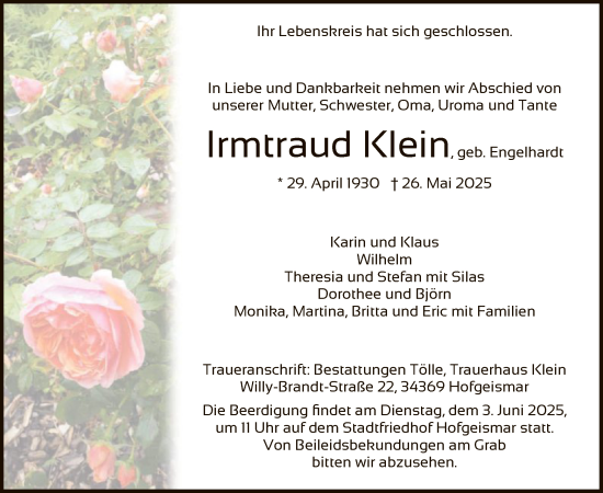 Todesanzeige von Irmtraud Klein von HNAHN