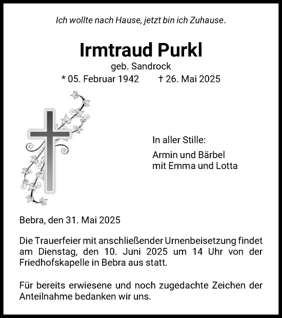 Todesanzeige von Irmtraud Purkl von HNA