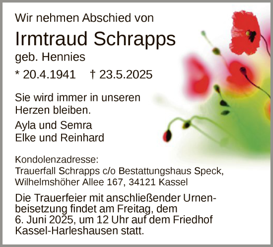 Todesanzeige von Irmtraud Schrapps von HNAHNA
