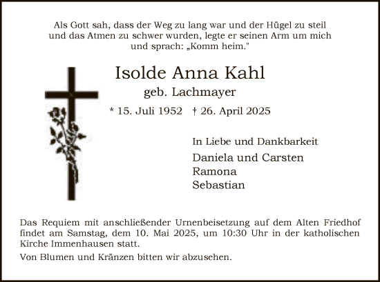Todesanzeige von Isolde Anna Kahl von HNA