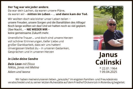 Todesanzeige von Janus Calinski von HNA