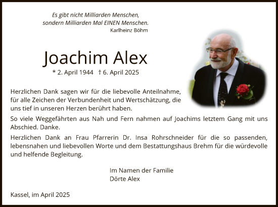 Todesanzeige von Joachim Alex von HNA