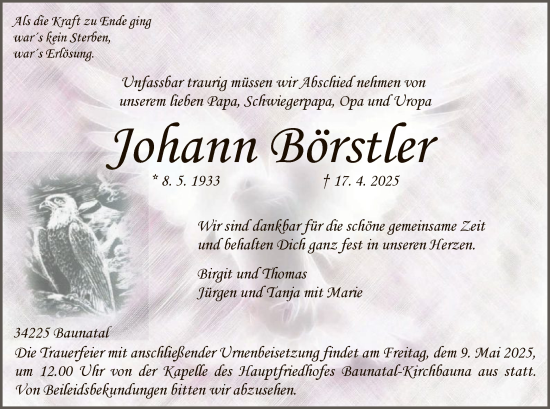 Todesanzeige von Johann Börstler von HNA