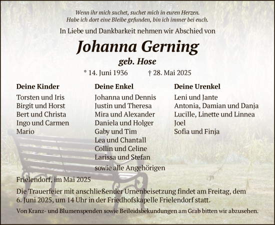 Todesanzeige von Johanna Gerning von HNAHNA