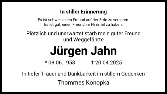 Todesanzeige von Jürgen Jahn von HNA