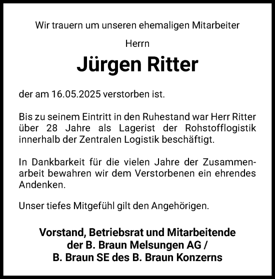 Todesanzeige von Jürgen Ritter von HNA