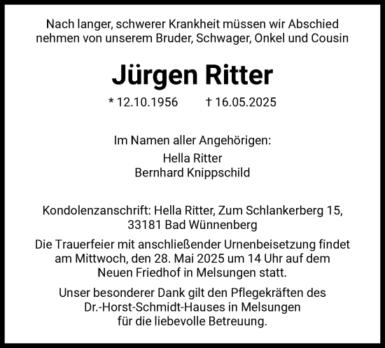 Todesanzeige von Jürgen Ritter von HNA