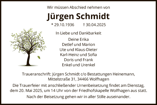 Todesanzeige von Jürgen Schmidt von HNA