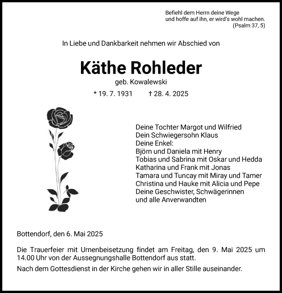 Todesanzeige von Käthe Rohleder von HNA