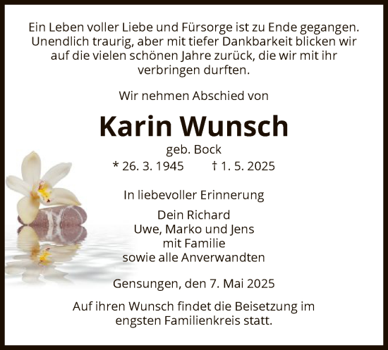 Todesanzeige von Karin Wunsch von HNA