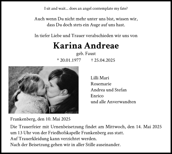 Todesanzeige von Karina Andreae von HNA