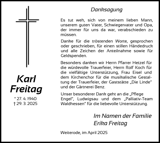 Todesanzeige von Karl Freitag von HNA