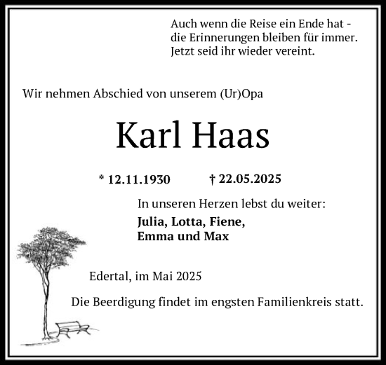 Todesanzeige von Karl Haas von HNA