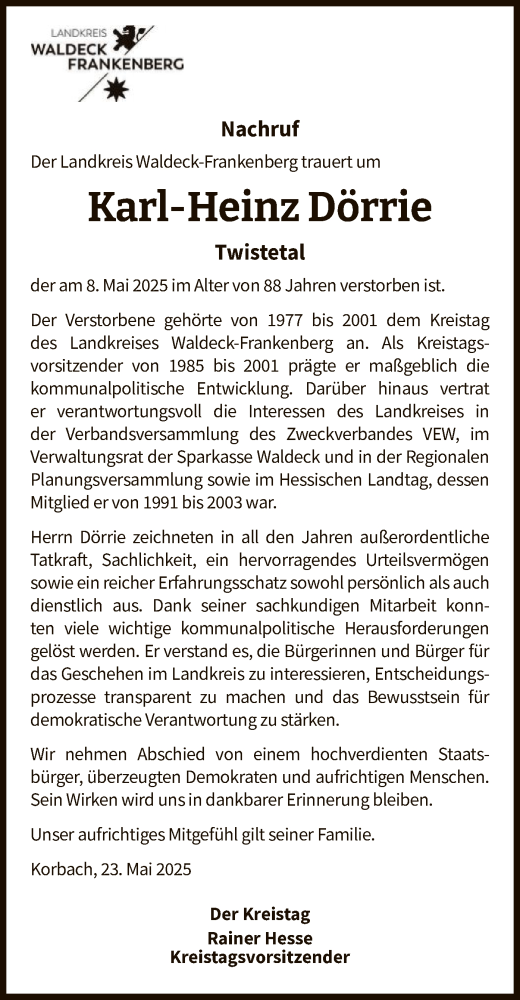Todesanzeige von Karl-Heinz Dörrie von WLZHNA
