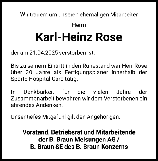 Todesanzeige von Karl-Heinz Rose von HNA