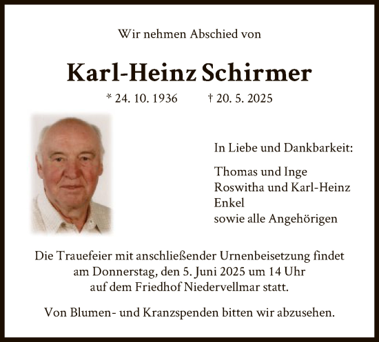 Todesanzeige von Karl-Heinz Schirmer von HNA