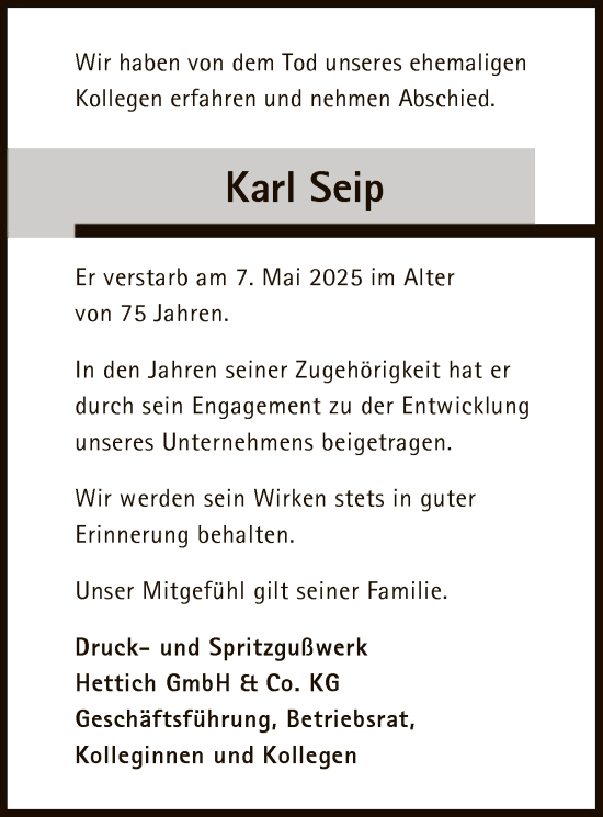Todesanzeige von Karl Seip von HNA
