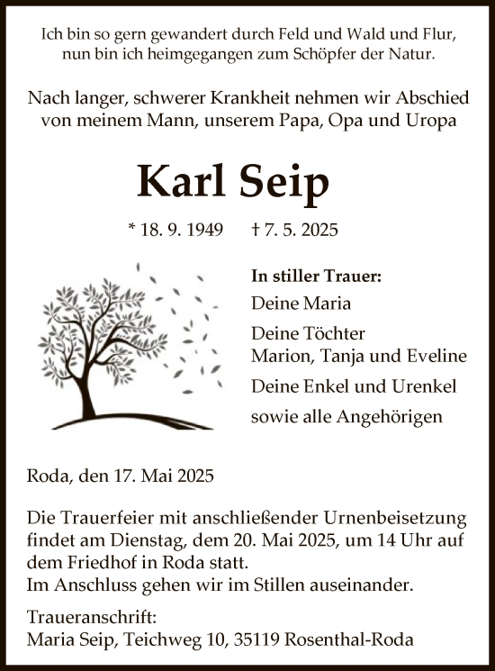 Todesanzeige von Karl Seip von HNA