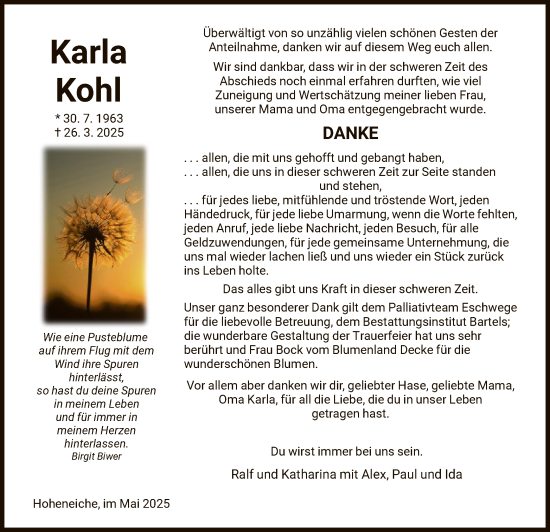 Todesanzeige von Karla Kohl von WRSHNAHNA
