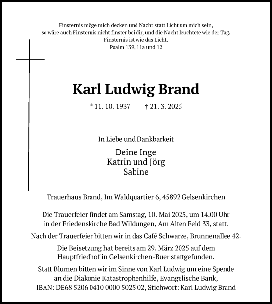 Todesanzeige von Karl Ludwig Brand von HNAHNAHNA