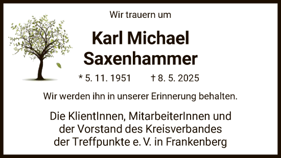 Todesanzeige von Karl Michael Saxenhammer von HNA