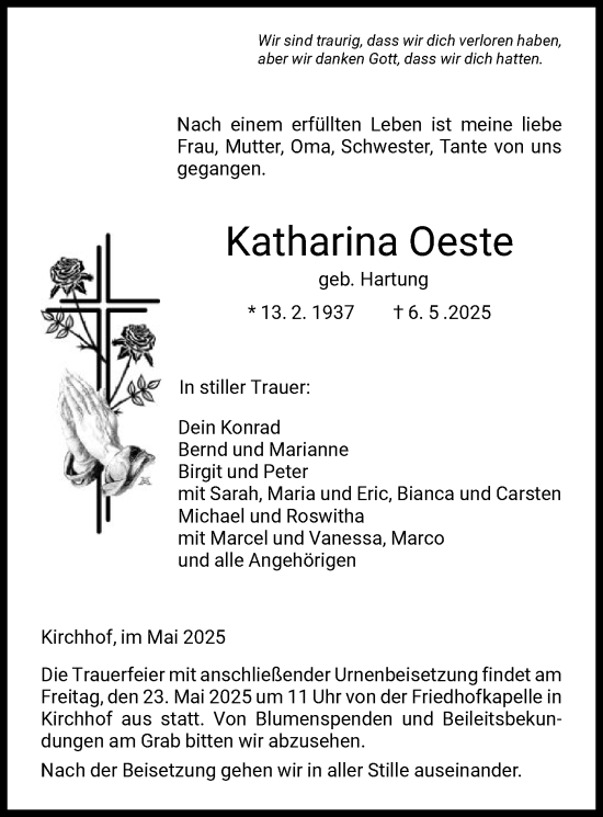Todesanzeige von Katharina Oeste von HNA