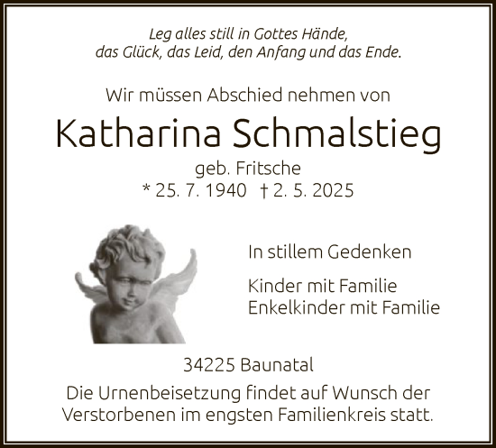 Todesanzeige von Katharina Schmalstieg von HNA