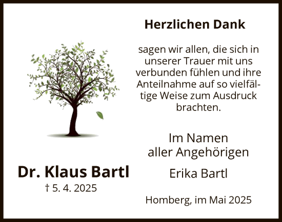 Todesanzeige von Klaus Bartl von HNA