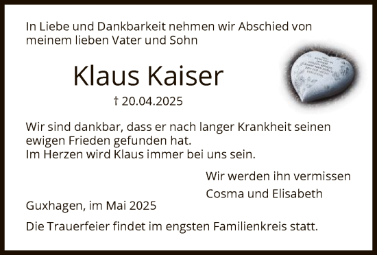 Todesanzeige von Klaus Kaiser von HNA