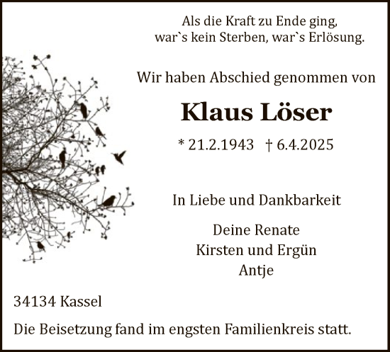 Todesanzeige von Klaus Löser von HNA