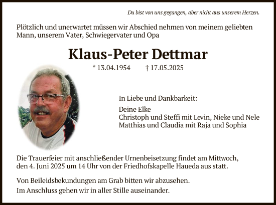 Todesanzeige von Klaus-Peter Dettmar von HNA