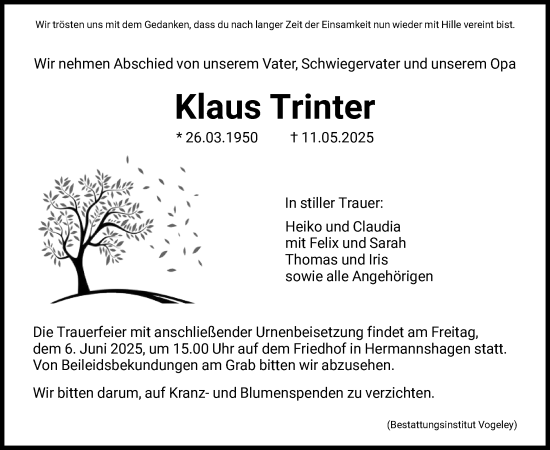 Todesanzeige von Klaus Trinter von HNAHNA