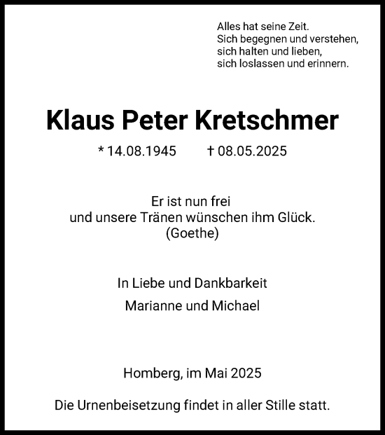 Todesanzeige von Klaus Peter Kretschmer von HNAHNA