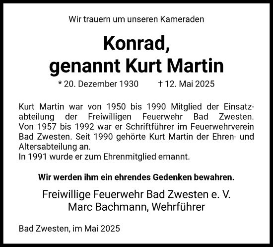 Todesanzeige von Konrad Martin von HNA