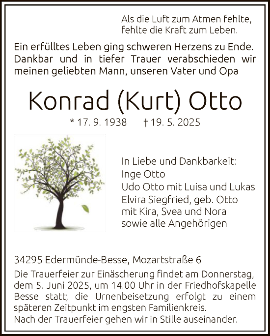 Todesanzeige von Konrad Otto von HNA