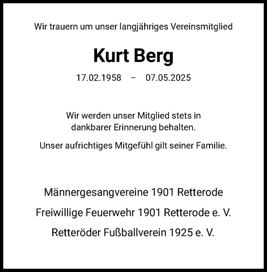 Todesanzeige von Kurt Berg von HNA