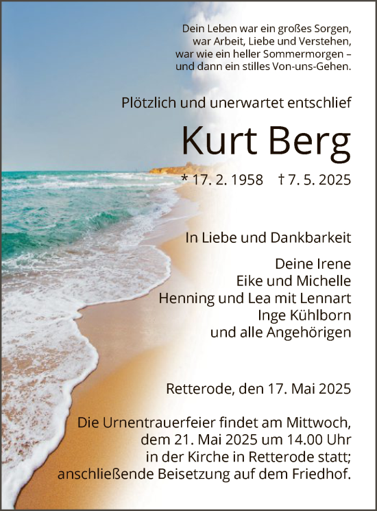Todesanzeige von Kurt Berg von HNA