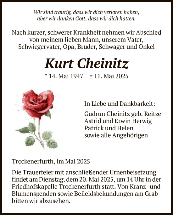 Todesanzeige von Kurt Cheinitz von HNA