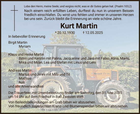 Todesanzeige von Kurt Martin von HNA