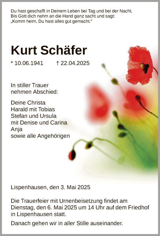 Todesanzeige von Kurt Schäfer von HNA