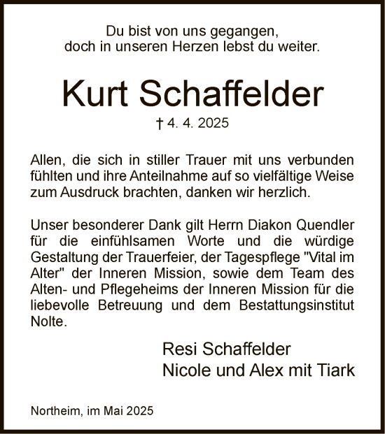 Todesanzeige von Kurt Schaffelder von HNA