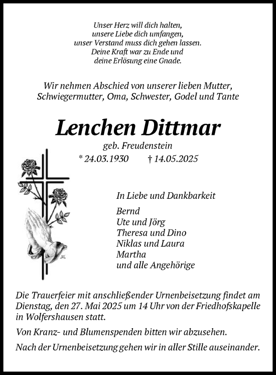 Todesanzeige von Lenchen Dittmar von HNA