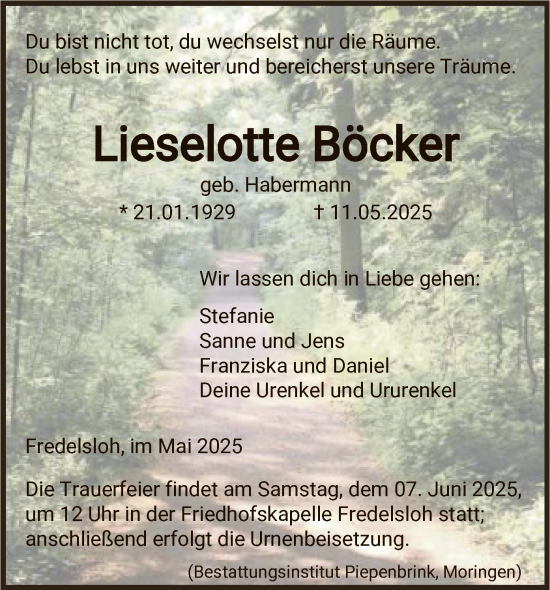 Todesanzeige von Lieselotte Böcker von HNA
