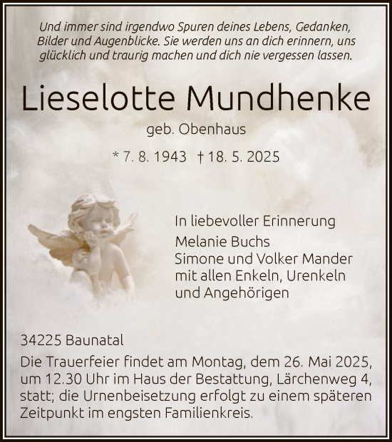 Todesanzeige von Lieselotte Mundhenke von HNA