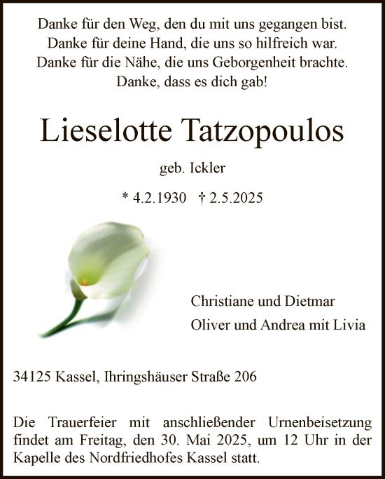 Todesanzeige von Lieselotte Tatzopoulos von HNA