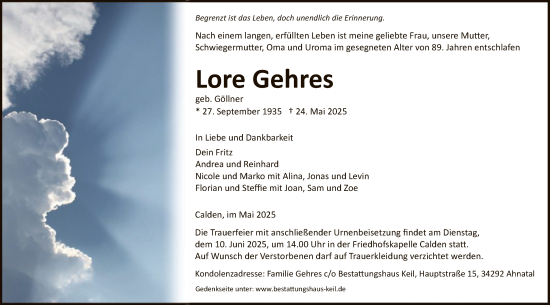 Todesanzeige von Lore Gehres von HNA