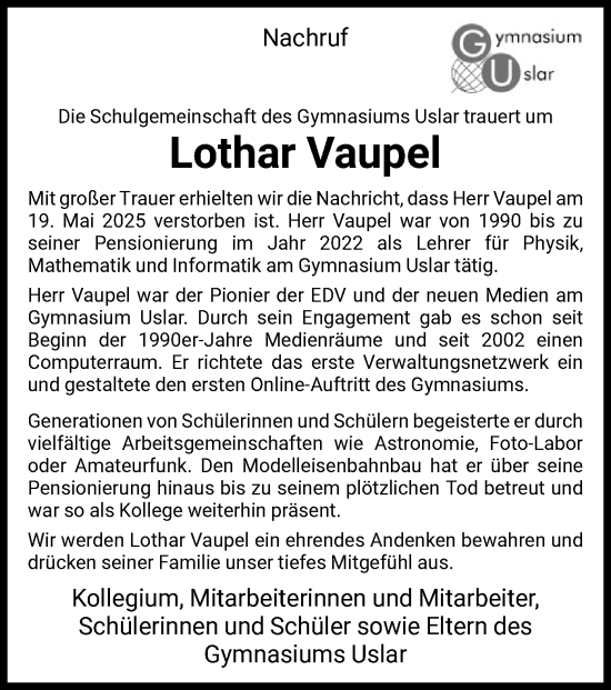 Todesanzeige von Lothar Vaupel von HNA