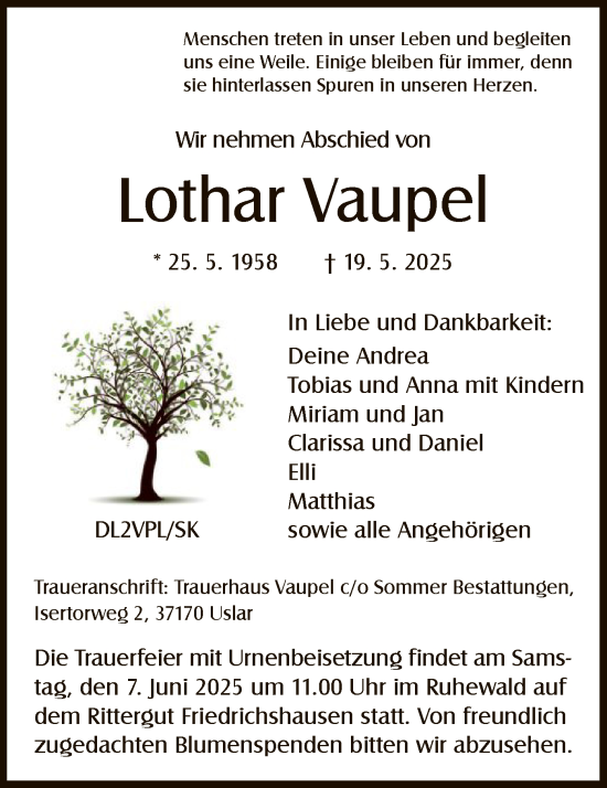 Todesanzeige von Lothar Vaupel von HNA
